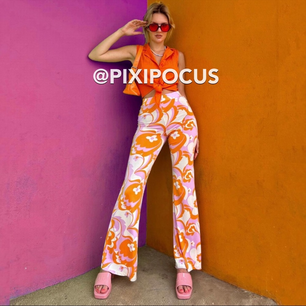☮️ ZARA FLARED PRINTED PANTS STRETCHY 70s